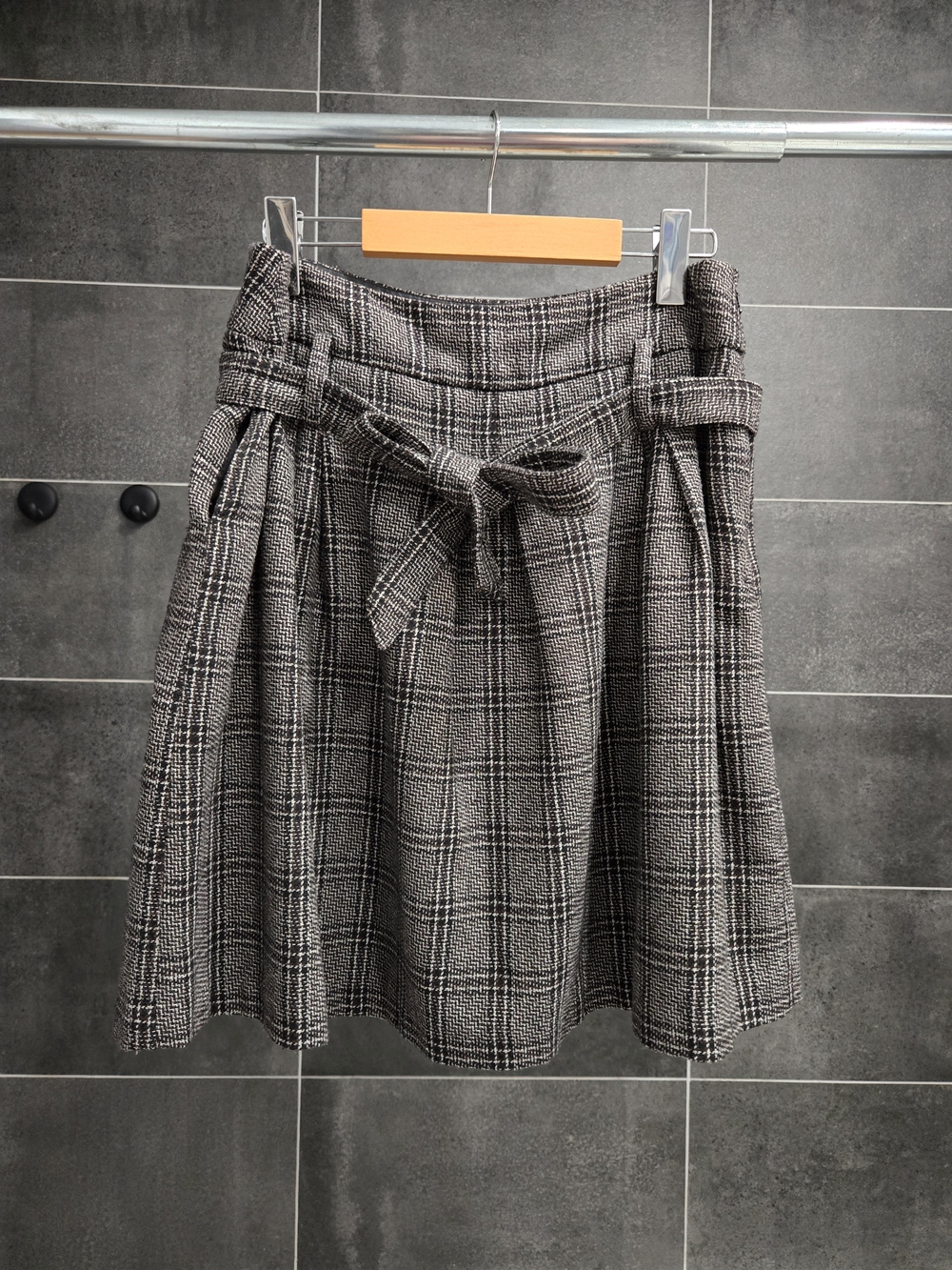 Plaid Belted A-Line Skirt in Brown Black and White